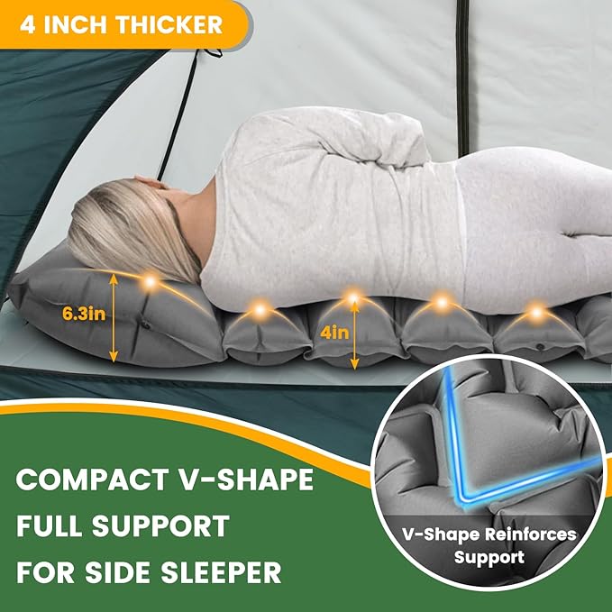 Double Sleeping Pad for Camping, 4" Extra-Thick Ultralight Mat with Built-in Foot Pump & Pillow for Backpacking, Hiking, and Travel Tent, Car Camp Gear