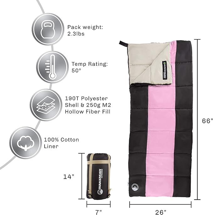 Lightweight Sleeping Bag - Carrying Bag with Compression Straps Included - for Adults, Kids, Camping, Backpacking, and Sleepovers by Wakeman Outdoors