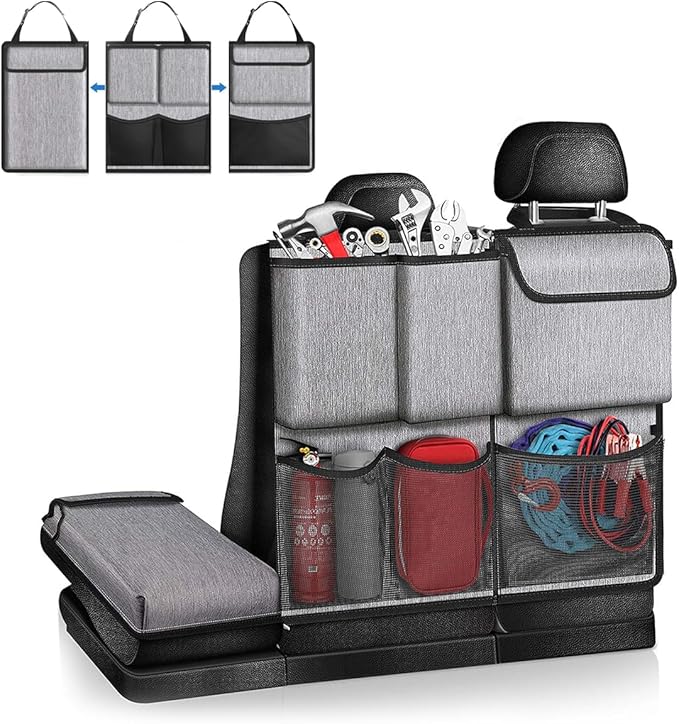 Hanging Car Trunk Organizer, Detachable Seat Back Storage Bag with Lids & 7 Large Pockets, Waterproof Space Saving Cargo Hanging Storage Container for Cars SUVs Vans (Gray)