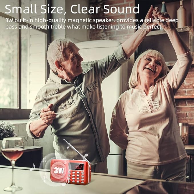 PRUNUS Mini Portable Radio AM FM Pocket Radio with MP3, LED Flashlight, Digital Radios Speaker Support Micro SD/TF Card/USB, Auto Scan Save, 1200mAh Rechargeable Battery Operated[Latest Version]
