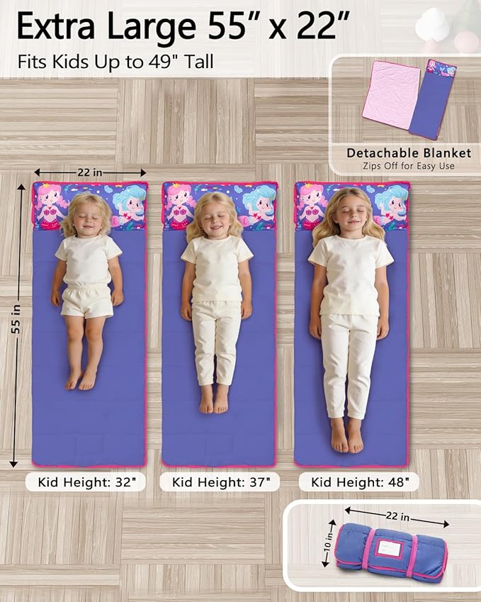 Primlect Toddler Nap Mat with Detachable Blanket and Removable Pillow, Kids Sleeping Bag 55''x35'' for Daycare Preschool Kindergarten, Toddler Sleeping Mat for Boys and Girls