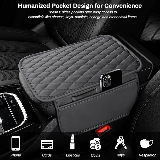 Car Center Console Cover, Upgraded Microfiber Leather Car Arm Rest Cover with 2 Storage Bags, Universal Armrest Cover for Car Storage Box Car Interior Accessories Protector for Most Vehicle-Gray