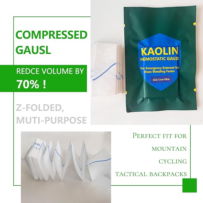 Hemostatic Gauze for Quick Clot Trauma Kit – 3" x 5' Kaolin Infused Quick Clot Gauze & Bleed Stop Dressing, Sterile Z-Fold Wound Packing for Emergency First Aid, Tactical IFAK & Survival Gear (1)
