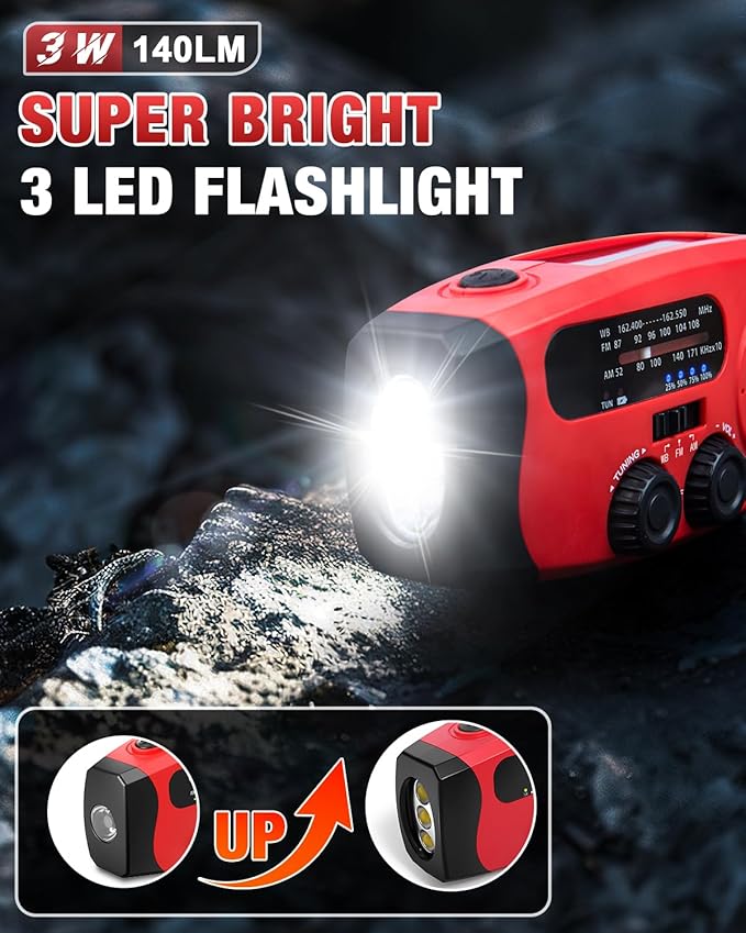 Emgykit 086S Hand Crank Emergency Radio - 2000mAh/7400mWh AM/FM/NOAA Solar Hand Crank Emergency Radio with 3 LED Flashlight, SOS Function for Emergencies, Camping - Red