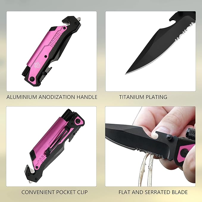 8.5" Military Outdoor EDC Camping Pocket Knife, 7 in 1 Multi-Function Folding Knives with Fire Starter LED Light Seatbelt Cutter Glass Breaker Bottle Opener Tactical Blade (Pink)