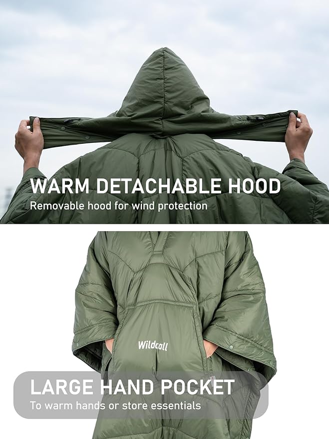 WildCall Hooded Camping Blanket with 3M Thinsulate Insulation Wearable Poncho Blanket Ultralight Foldable Quilt Sleeping Bag for Outdoor, Hiking, Stadium