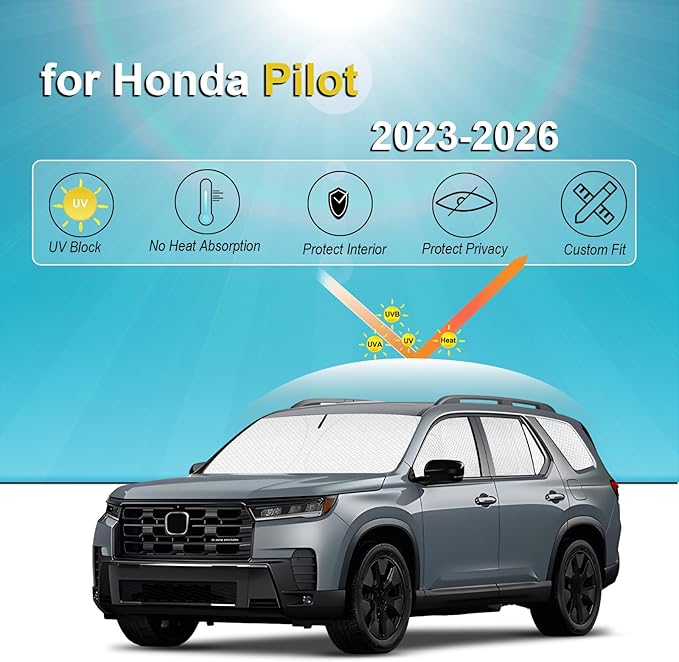 KMF 8pcs Thicken Sun Shades for Honda Pilot 2023-2026 Accessories, Full Car Window Covers for Windshield Side Rear, UV Block and Protect Privacy Blackout for Camping Outdoor