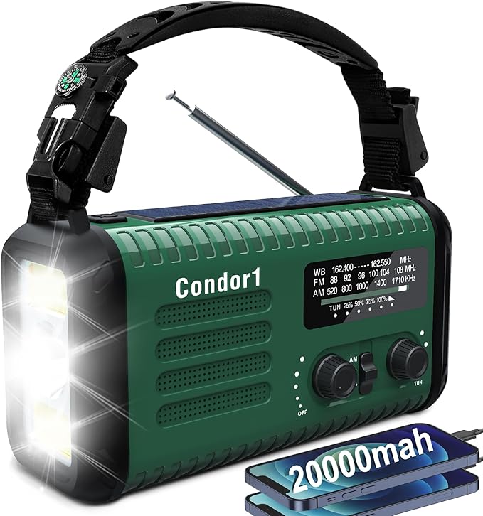 NOAA Weather Radio 20000mAh Battery Powered｜Solar Hand Crank Emergency Radio AM/FM｜USB-C Charger｜SOS Alarm｜Flashlight & Reading Lamp｜Hurricane Storm Power Outage Survival Emergencies (Green)