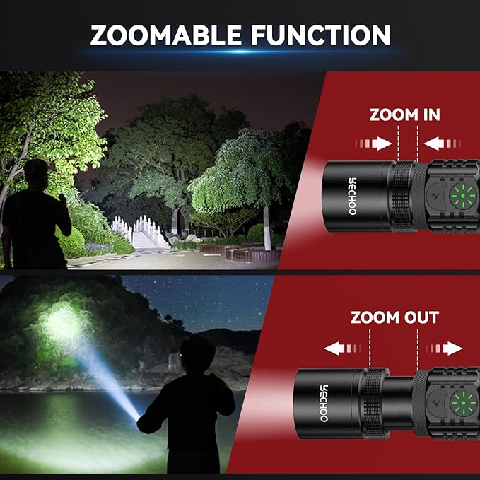 RECHOO Flashlight Rechargeable High Lumens, Dual Switch Rechargeable LED Flashlight 1 Pack, Adjustable Foucs 5 Lighting Modes Flashlights for Home, Camping, Gifts for Men