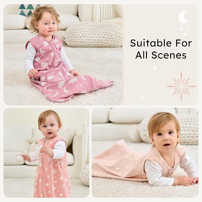 Baby Sleep Sack 6-12 months, 100% Cotton Sleeping Sack for Newborn and Infant, 3 Pack Baby Wearable Blanket, 0.5 Tog Lightweight Double Zipper Sleep Bag Medium Pink Stars Moon