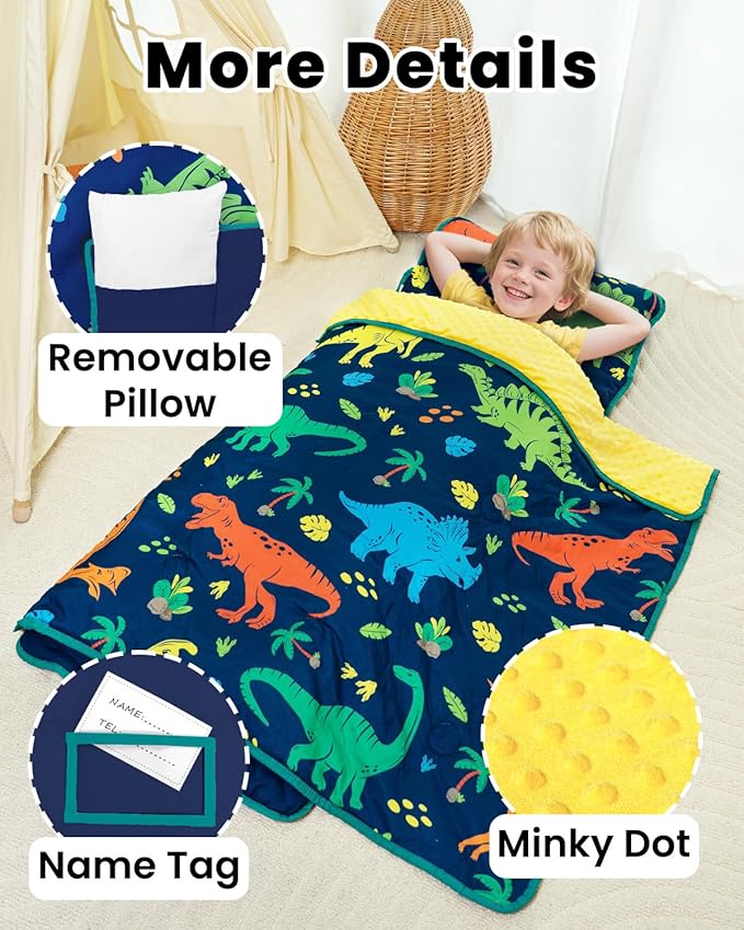 Primlect Toddler Nap Mat with Detachable Blanket and Removable Pillow, Kids Sleeping Bag 55''x35'' for Daycare Preschool Kindergarten, Toddler Sleeping Mat for Boys and Girls