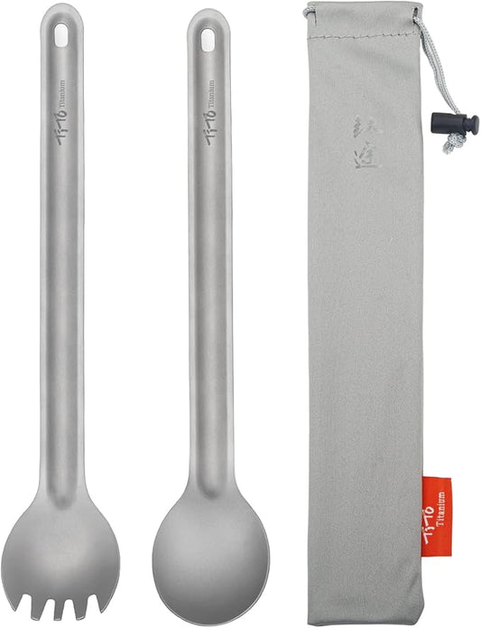 TiTo Titanium Long Handle Spork and Spoon Eco-Friendly Ultralight Portabale Flatware for Outdoor Camping Backpacking Hiking Travel Picnic Tableware with Bag (2Pcs Sandblasting)