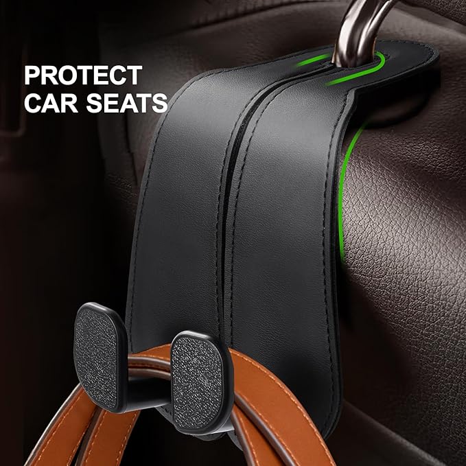 CoBak Extra Wide Car Seat Back Hooks, Premium Stitched Leather Headrest Hangers with Wide Slot Structure, Universal for Any-Width Purses, Handbags, Bags (2 Pack),Black