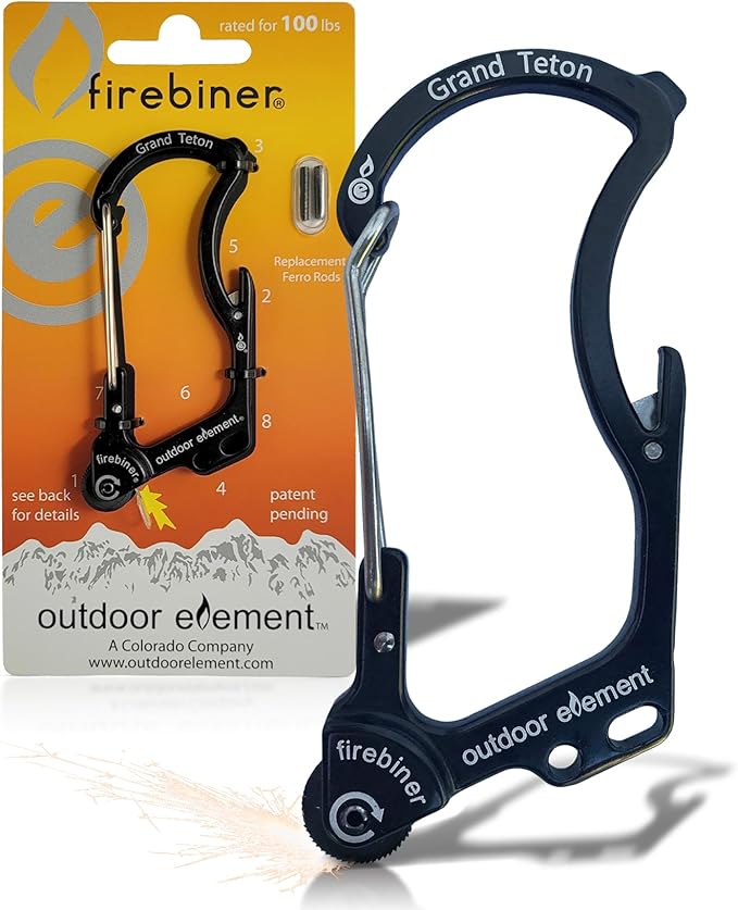 OUTDOOR ELEMENT Firebiner Custom Engraved 6-in-1 Fire Starter Carabiner Multitool – Survival Gear EDC Keychain with Utility Blade, Bottle Opener, Screwdriver, Emergency Tool
