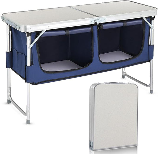 Outvita Portable Camping Table with Storage, Outdoor Aluminum Folding Camping Table with 3 Adjustable Height, Foldable Camp Tables for Backyards BBQ Party Picnic Beach Indoor, White