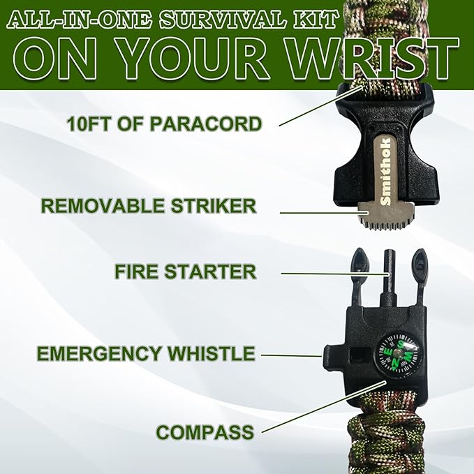 Smithok Paracord Survival Bracelet-Length Adjustable,Loud Whistle Emergency Compass Survival Fire Starter Scraper Accessories for Hiking and Camping and Hunting 4-Pack(Muti-Color)