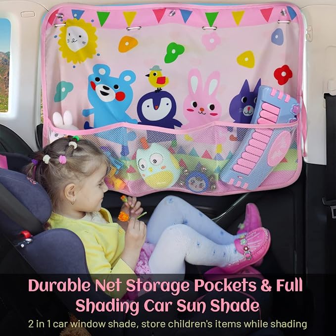 DIZA100 Car Sun Shade for Window Baby (2 Pack), Blackout Window Shades with Storage Net Pocket, 7 Suction Cups, Cute Patterns for Sun/Heat/UV Rays Block