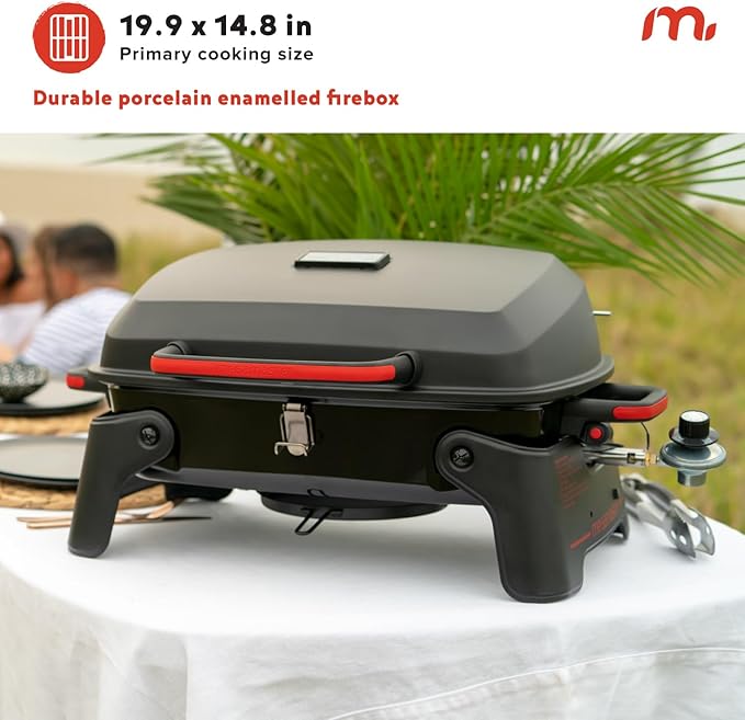 Megamaster 1-Burner Portable Gas Grill with Locking Lid, 11,000 BTU Stainless Steel Burner, Foldable Legs, Small Propane Grill for Outdoor Cooking, Camping, BBQs, Patios, and Gardens - 820-0065C