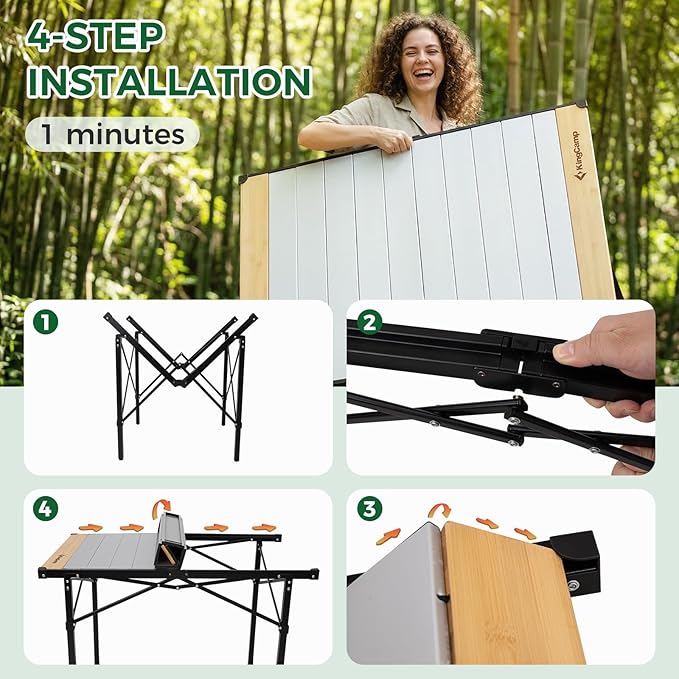 KingCamp Folding Camping Table, Aluminum Roll-Up Camp Table, Large Foldable Table for 4-6 Person, Outdoor Portable Tables with Carry Bag, 176 LBS Heavy Duty Load (Bamboo：40.16“x27.5”，4-6 People)