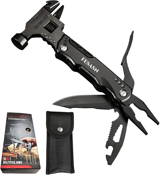 Adjustable Wrench Multitool Hammer, 16 in 1 Pocket Multi Tool Pliers, All-in-One Stainless Steel Survival Camping Multi Tool for Home DIY, Survival, Camping and Everyday Use