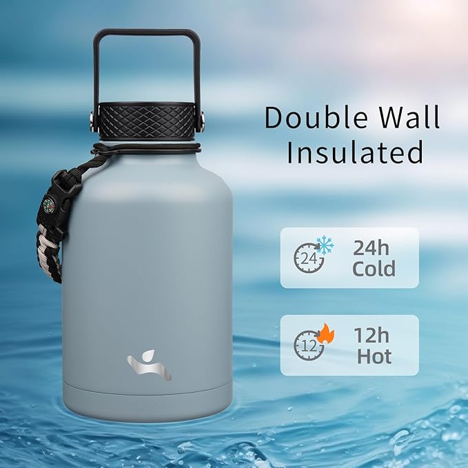 Konokyo Insulated Water Bottle with Straw,50 oz 3 Lids Water Jug with Carrying Bag,Paracord Handle,Double Wall Vacuum Stainless Steel Metal Flask,Storm Blue