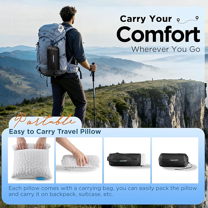 Cooling Pillow Camping Size 1 Pack, Adjustable Bed Pillows for Sleeping, Small Shredded Memory Foam Pillow for Backpacking Hiking, Airplane, Medium Firm Camping Travel Pillow with Washable Cover