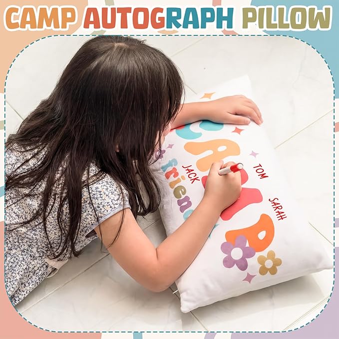 Beeveer Camp Friends Autograph Stuffed Pillow 15.7" Graduation Autograph Stuffed Pillow Summer Camp Signature Gifts Grad Party Sign in Decor for Travel Stuff Essentials(Sweet)