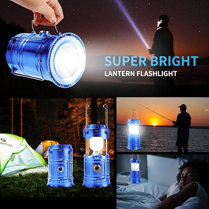 Censinda LED Camping Lantern, Solar and Rechargeable Lantern Flashlight Collapsible and Portable Light for Daily/Camp/Hiking/Night Fishing/Emergency/Hurricanes/Storm(Blue, 1 Pack)