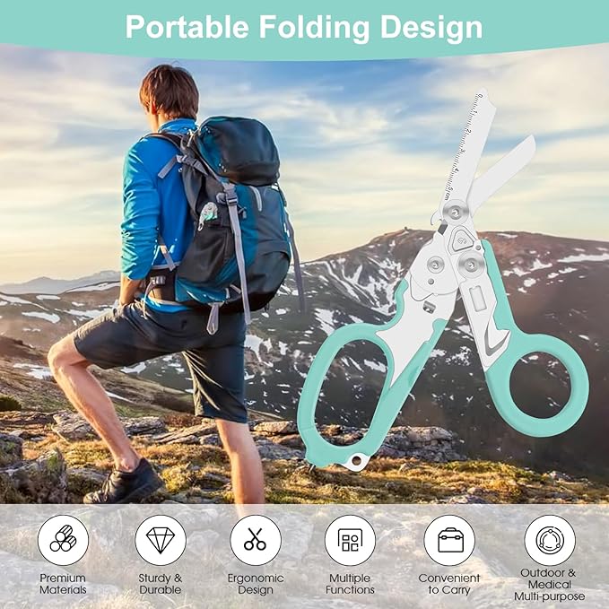 6-in-1 trauma shears - emergency responders, outdoor emergencies, medical staff, and outdoor camping, Gift box packaging with scissors storage K sheaths (Aqua blue)