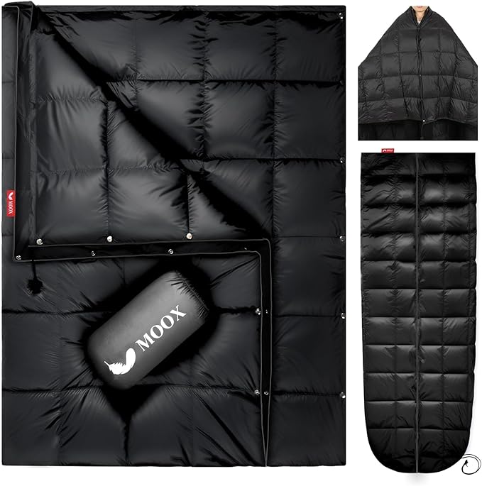 MOOX Down Camping Blanket - Packable Down Camping Quilt Backpacking Lightweight Waterproof Outdoor Hiking Stadium Warm Puffy Sleeping Bag 55"x79" Water Resistant Camp Travel Blanket, Black