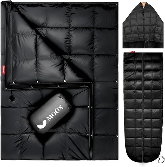 MOOX Down Camping Blanket - Packable Down Camping Quilt Backpacking Lightweight Waterproof Outdoor Hiking Stadium Warm Puffy Sleeping Bag 55"x79" Water Resistant Camp Travel Blanket, Black