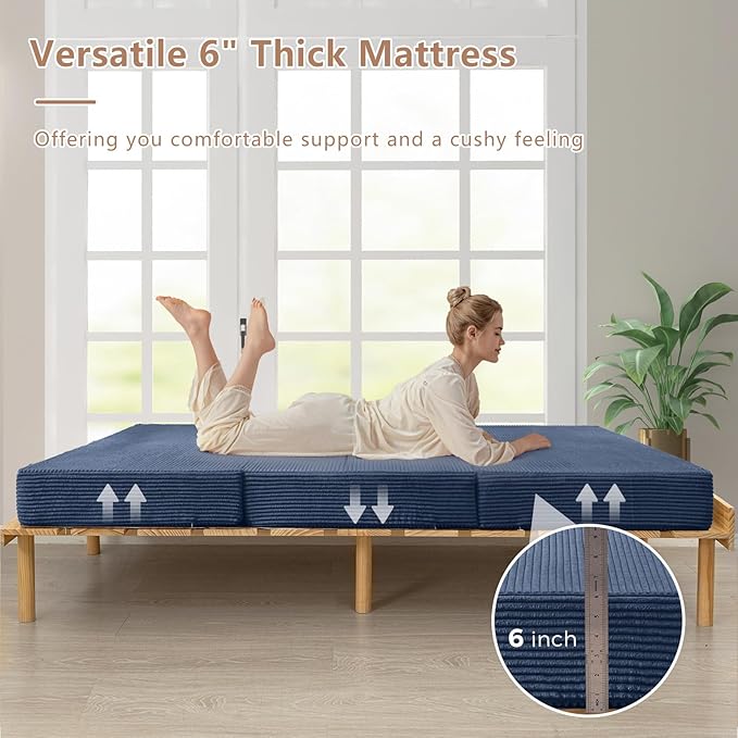 BYBYME Tri-Folding Corduroy Mattress, 6 Inch Gel Folding Mattress Topper, Foldable Soft Guest Bed Camping Pad, Washable Cover (Bluestone, Twin)
