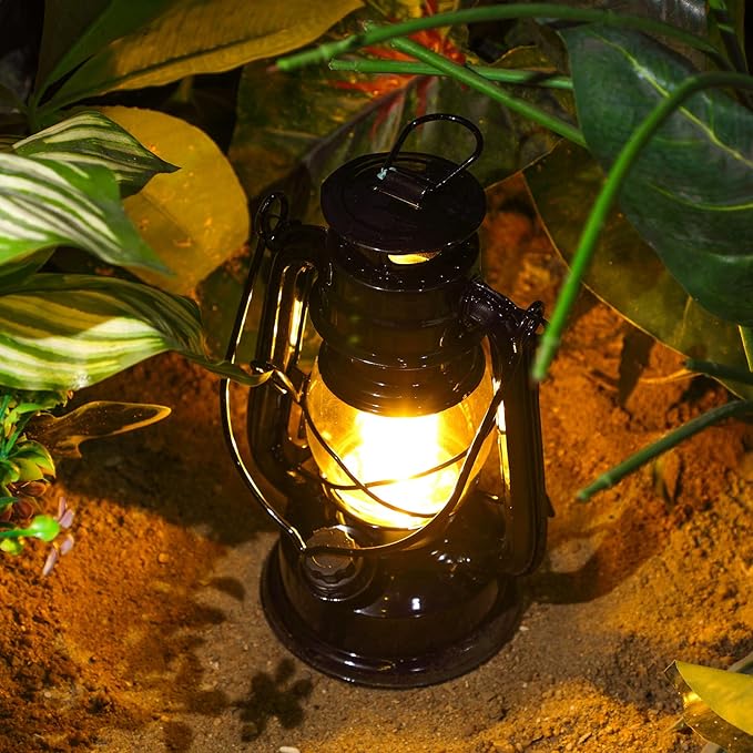 Hortsun 4 Pcs 8 Inch Vintage LED Hurricane Lantern Metal Black Outdoor Battery Operated Hanging Lantern with Warm LEDs and Dimmer Switch for Indoor Rustic Farmhouse Country Camping Decor