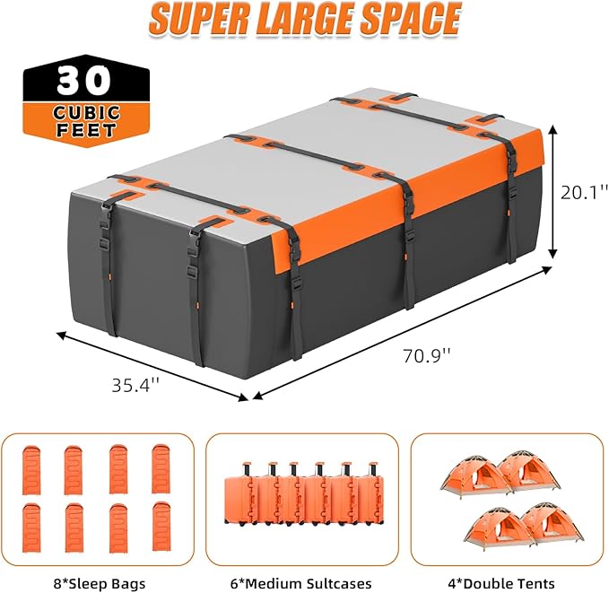 Car Rooftop Cargo Carrier Bag, 30 Cubic Feet Waterproof Soft-Shell Car Roof Bag for All Vehicle with/Without Roof Rack, Include Anti-Slip Mat, Reinforced Straps, Door Hooks and Luggage Lock