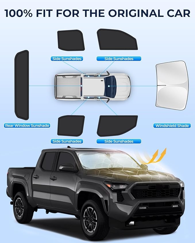 for Toyota Tacoma 2024 2025 Car Window Shades, 6pcs Privacy Sun Shade Set for Front Windshield Side and Rear Windows, Full Window Covers Keeps Vehicle Cool for Camping Napping