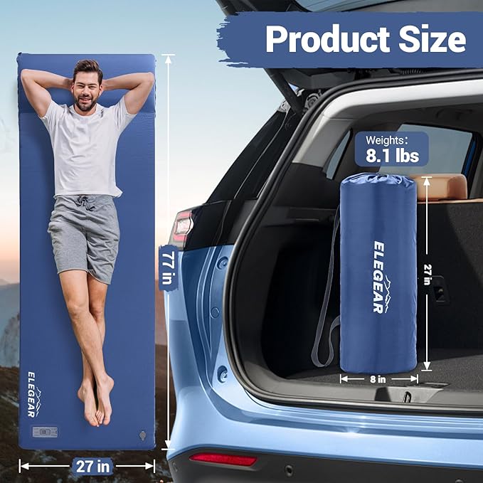 Elegear CumbreX™ Self Inflating Sleeping Pad, Built-in Electric Pump 3.15" Ultra-Thick Memory Foam Camping Mattress with Pillow Foam Sleeping Pad for Camping R-Value 9.5 Foam Camping Pad for Travel