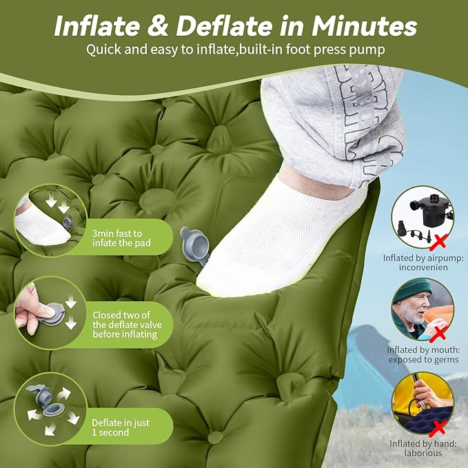 HiiPeak Double Sleeping Pad - Self Inflating 3" Extra-Thick for 2 Person with Pillow Built-in Foot Pump Inflatable Sleeping Mat for Backpacking, Hiking, Traveling, Tent, Portable Camping Mat (Green)