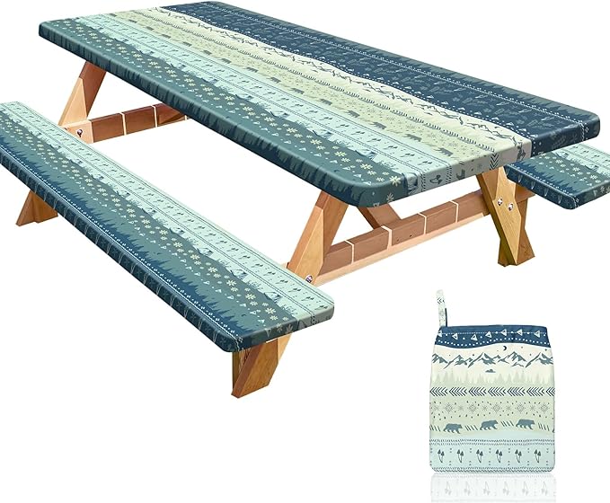 Picnic Table Cover with Bench Covers Portable Table Cloth Built-in Storage Pocket Fitted Tablecloth with Elastic Edges Waterproof Camping Essentials for Indoor Outdoor Rv,72in,CadetBlue