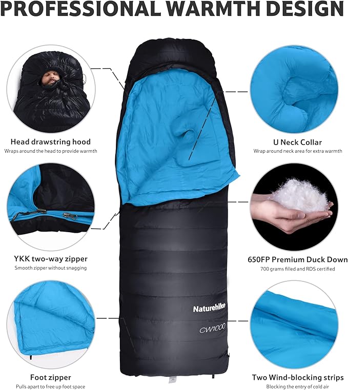 Naturehike 0 Degree Ultralight Down Sleeping Bag for Adults, 650 Fill Power, Backpacking Cold Weather Sleeping Bag with RDS Down, -2℉ / 18℉ Sleeping Bags for Camping, Hiking