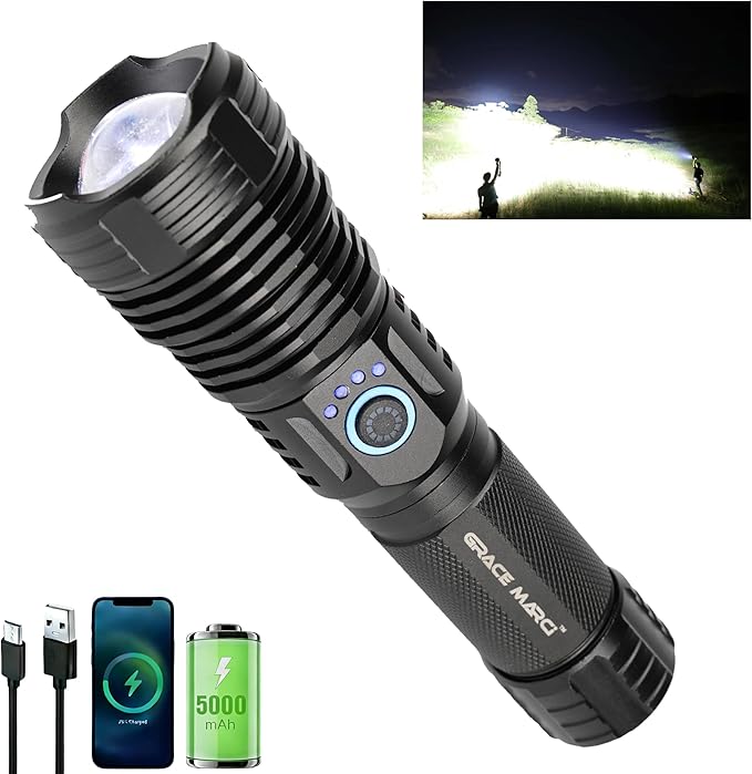 Rechargeable Flashlights High Lumens , Super Bright 500000 Lumens Powerful Flashlight & Tactical Flashlight with Gift Box, 5 Modes, Waterproof, LED Hand Light for Outdoor Camping, Hiking, Emergency