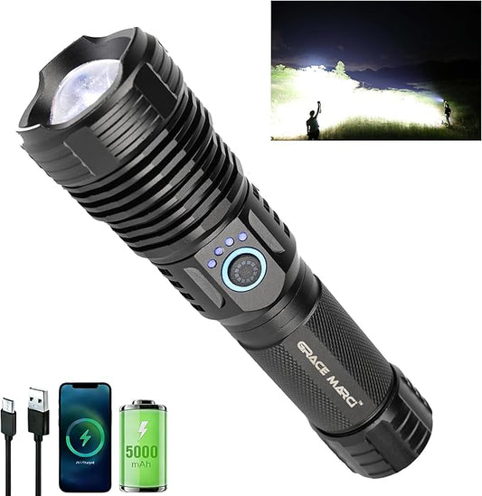 Rechargeable Flashlights High Lumens , Super Bright 500000 Lumens Powerful Flashlight & Tactical Flashlight with Gift Box, 5 Modes, Waterproof, LED Hand Light for Outdoor Camping, Hiking, Emergency