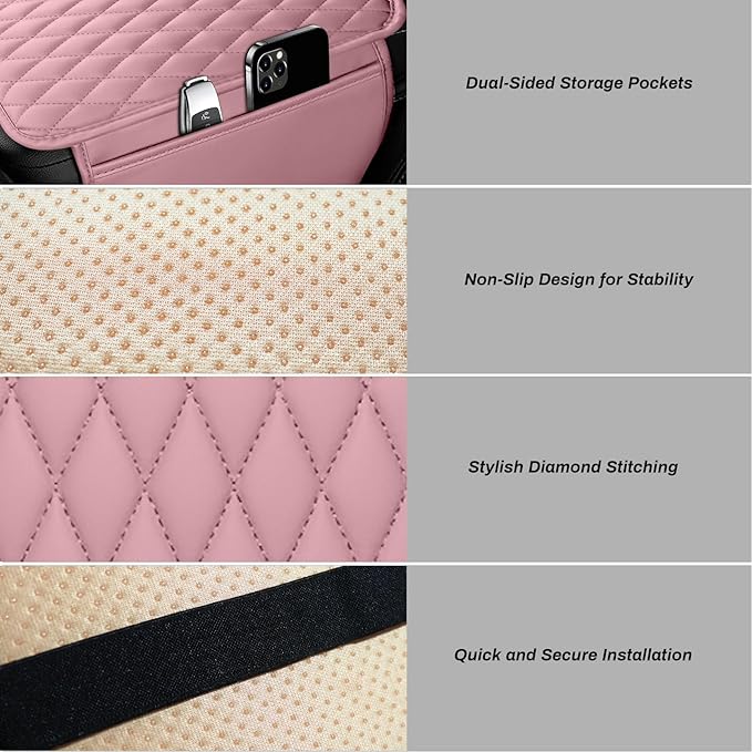 Car Center Console Cover, Upgraded Microfiber Leather Car Arm Rest Cover with 2 Storage Bags, Universal Armrest Cover for Car Storage Box Car Interior Accessories Protector for Most Vehicle-Pink