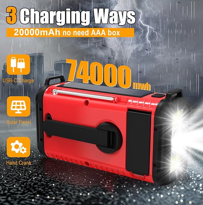 NOAA Weather Radio 20000mAh Battery Powered｜Solar Hand Crank Emergency Radio AM/FM｜USB-C Charger｜SOS Alarm｜Flashlight & Reading Lamp｜Hurricane Storm Power Outage Survival Emergencies (Red)