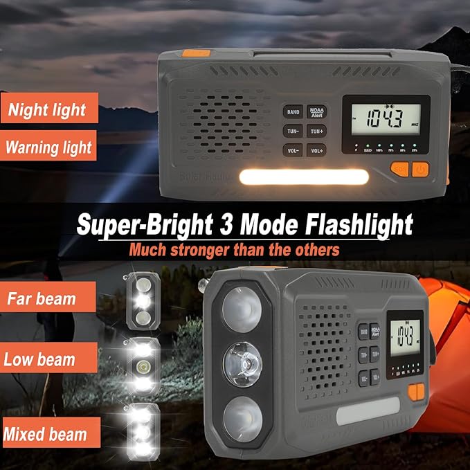 7400mWh Solar Hand Crank Emergency Weather Radio, NOAA AM FM Portable Radio with Flashlight, SOS Alarm, Digital Display & Phone Charger for Hurricane, Survival, Camping & Outdoor Emergencies