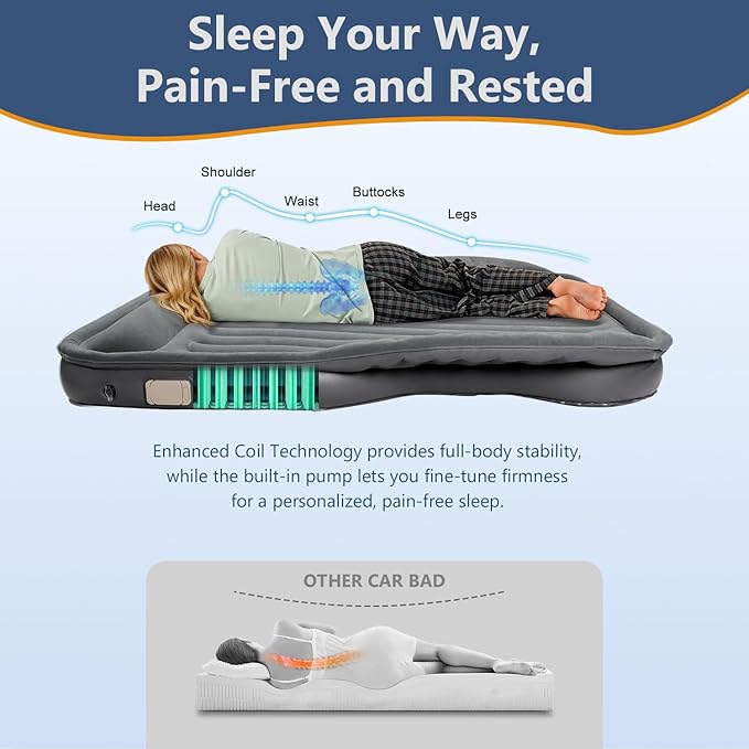 Self-Inflating SUV Air Mattress with Built in Electric Pump，car air Mattress with Pillow for Trunk，Portable car Mattress for Travle and Camping, Gray