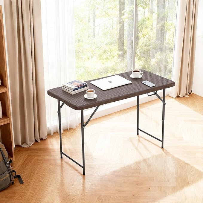 FDW 4FT Folding Table Half Portable Foldable Table Picnic Table for Office Home Camping Party (Brown Ratten)