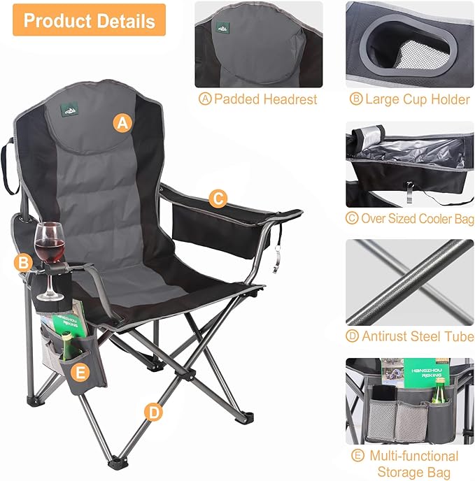 Northroad Oversized Camping Chair, Full Padded Outdoor Folding Chair Support 350 LBS, Heavy Duty Lawn Chair w/Cup Holder, Cooler Bag, Shoulder Straps for Adult-Black