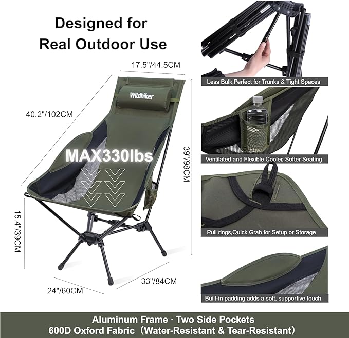 Wildhiker Portable Compact Folding Camping Chairs – Lightweight High Back with Pillow, Deep Recline, ArmPads, Side Pockets-for Motorcycle, RV, Backpacking, Travel, Festival – Green