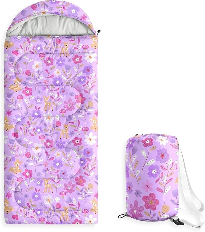 Wake In Cloud - Kids Sleeping Bag for Girls Toddlers, Camping in Warm Cold Weather, Backpacking Lightweight Compact Outdoor Liner for 3 Seasons, Deer Floral Garden