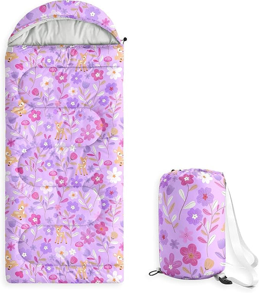Wake In Cloud - Kids Sleeping Bag for Girls Toddlers, Camping in Warm Cold Weather, Backpacking Lightweight Compact Outdoor Liner for 3 Seasons, Deer Floral Garden